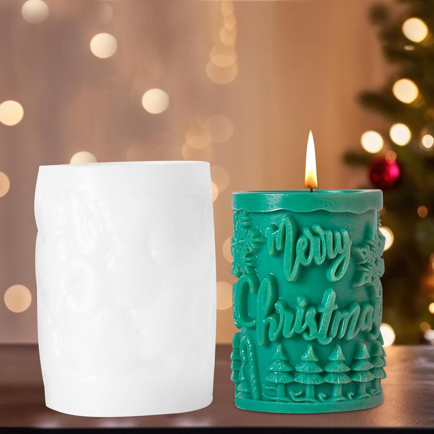 Merry Christmas Pillar Snowflake Tree Pattern Design X-Mas Cylindrical Silicone Candle Mould (D Grade) Type 3