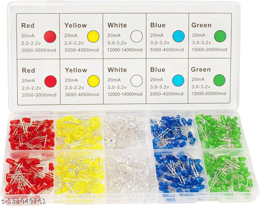 250pcs 5mm Light Emitting Diodes LED Lamp Assorted Diffused Kit Box 5 Colors Red/Yellow/White/Blue/Green Kit Box (5 Colors x 50pcs)
