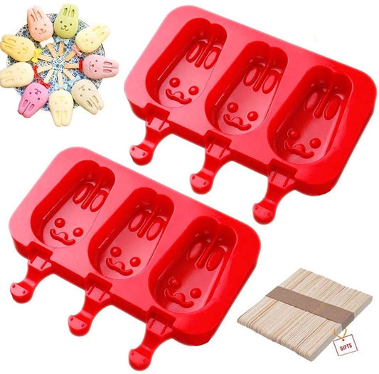 6 Cavity Bunny Popsicle Silicone Mold with Sticks for Ice Cream Cake Pops Chocolate Candy