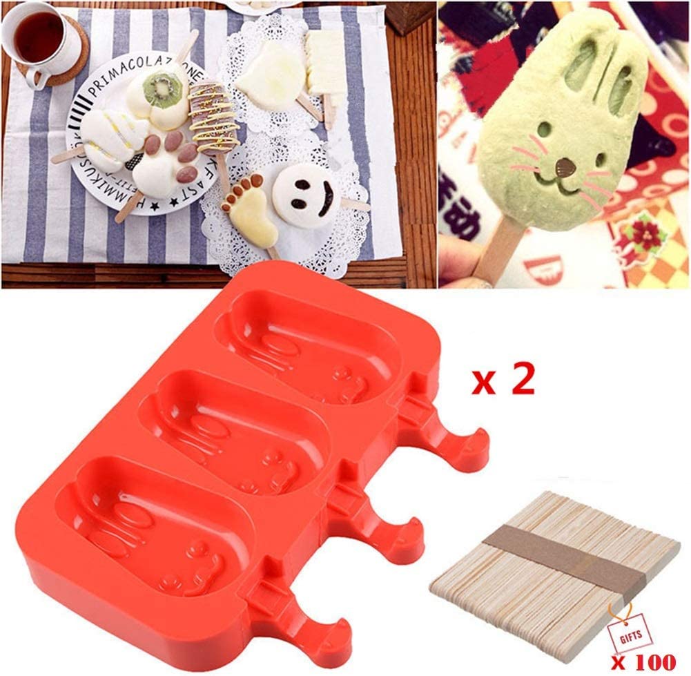 6 Cavity Bunny Popsicle Silicone Mold with Sticks for Ice Cream Cake Pops Chocolate Candy