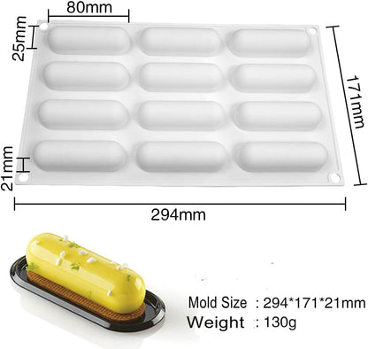 12 Cavity Mini Eclair Silicone Mould Chocolate, Pastry Jelly Pudding Ice Cream