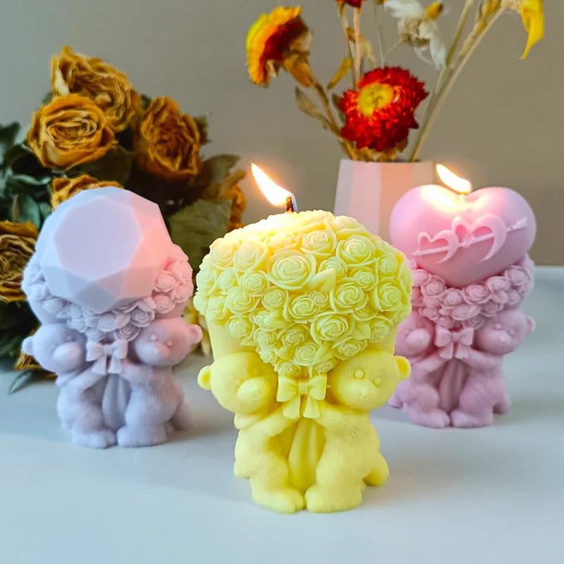 3D Teddy Bear Rose Bouquet Candle Mold  for DIY Candle Making & Handmade Gifts