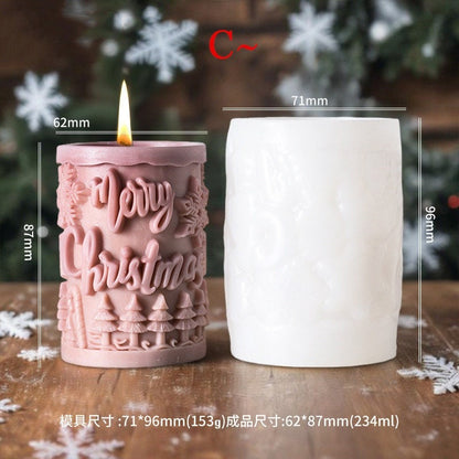 Merry Christmas Pillar Snowflake Tree Pattern Design X-Mas Cylindrical Silicone Candle Mould (D Grade) Type 3