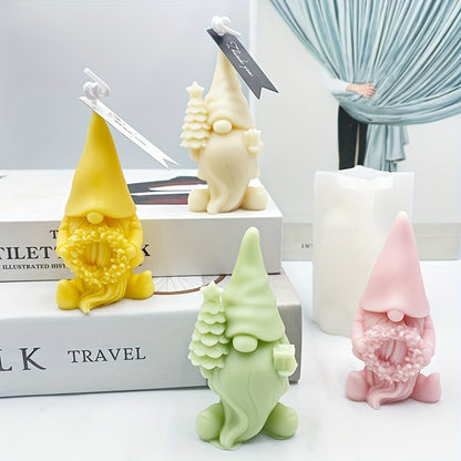 3D Pink Gnome Silicone Candle Mould with Floral Wreath for DIY Decorative Candles and Crafts