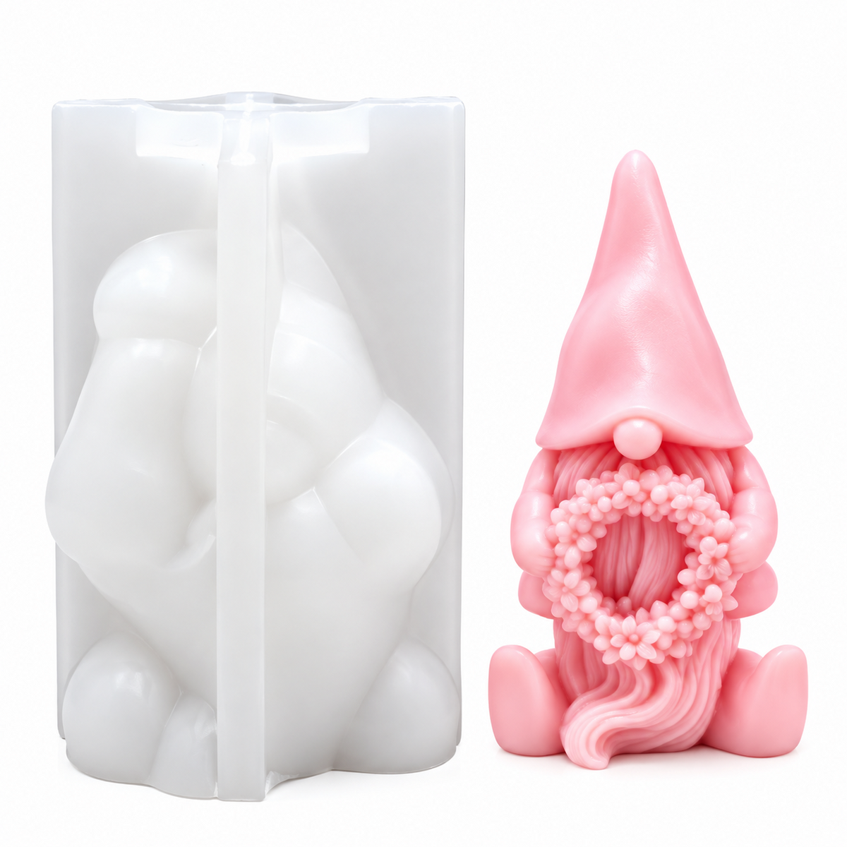 3D Pink Gnome Silicone Candle Mould with Floral Wreath for DIY Decorative Candles and Crafts