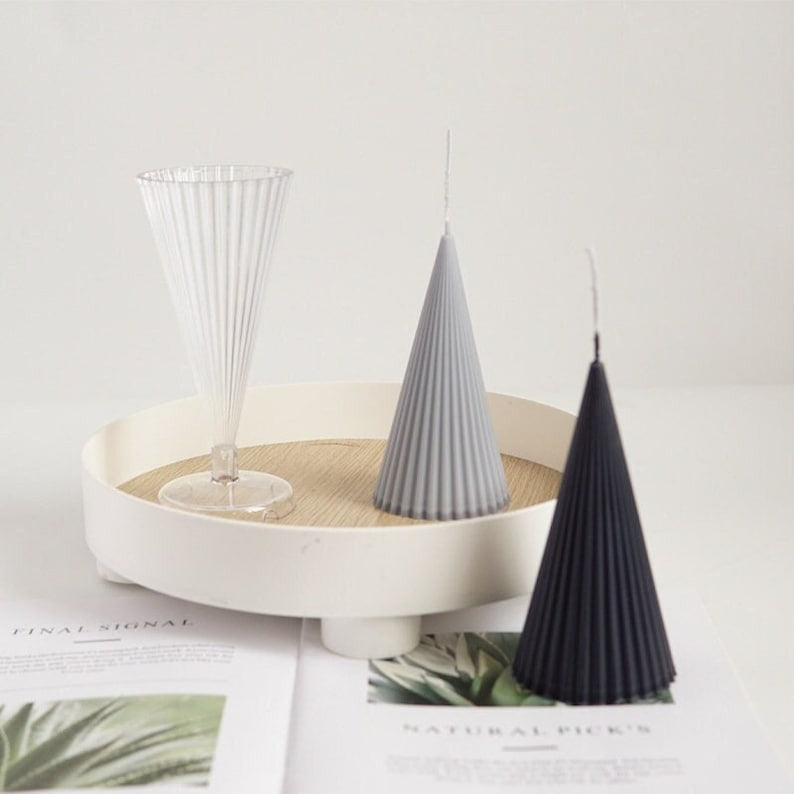 3D Ribbed Line Cone Tree Candle Mould Polycarbonate Mold For Home Decoration Christmas Celebration (7.5"x3.9")