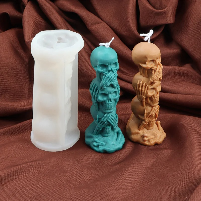 3D Triple Skull Skeleton Spritual Candle Silicone Mold DIY Candles Soap Resin & Halloween Décor