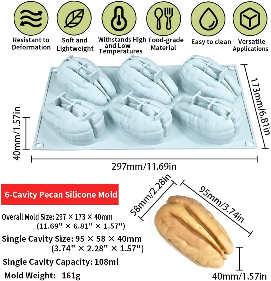 6 Cavity Pecan Shape Silicone Mould Chocolate Jelly Pudding Pastry Dessert