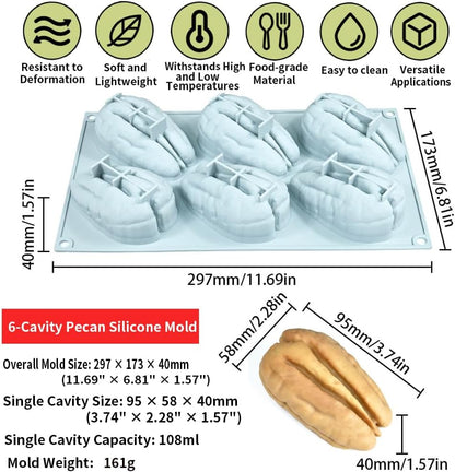 6 Cavity Pecan Shape Silicone Mould Chocolate Jelly Pudding Pastry Dessert