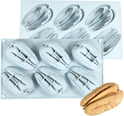6 Cavity Pecan Shape Silicone Mould Chocolate Jelly Pudding Pastry Dessert