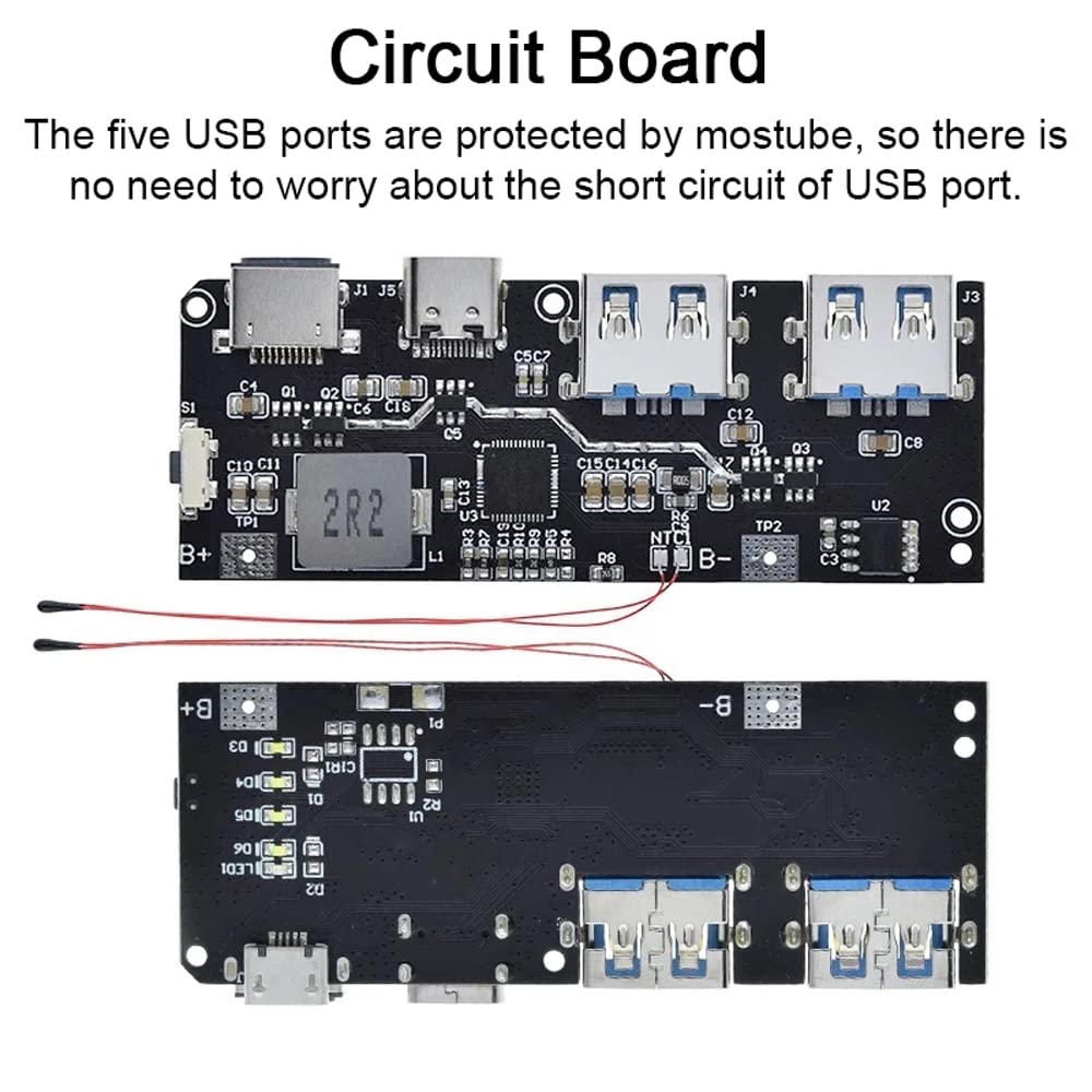 5 Port Dual USB Micro/Type-C 5V 4.5A 22.5W Mobile Power Bank 18650 Charging Module QC4.0 QC3.0 LED with NTC Temperature Protection
