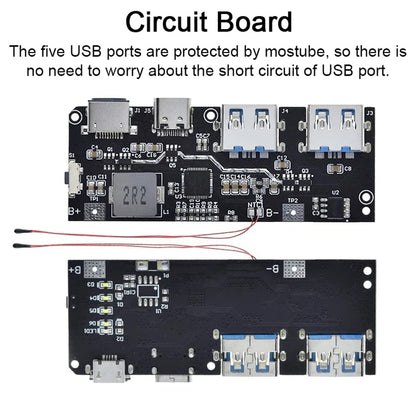 5 Port Dual USB Micro/Type-C 5V 4.5A 22.5W Mobile Power Bank 18650 Charging Module QC4.0 QC3.0 LED with NTC Temperature Protection