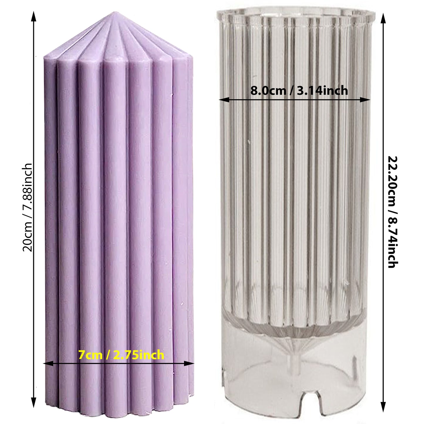 3D (8.9"x3.1"inch) Pencil Ribbed Line Tall Pillar Polycarbonate Candle Mold Structural Aesthetic P32